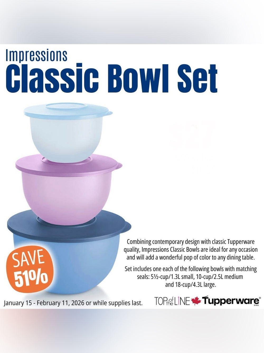 Tupperware Impressions Classic Bowl Set - Light Blue, Lavender, Dark Blue
